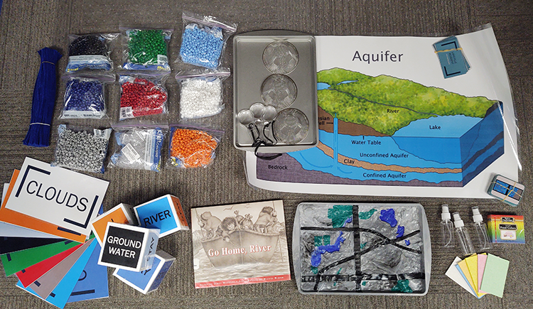 post-its, flashcards and more materials in Water bin